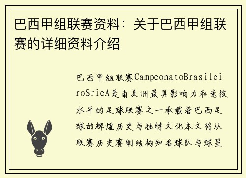 巴西甲组联赛资料：关于巴西甲组联赛的详细资料介绍