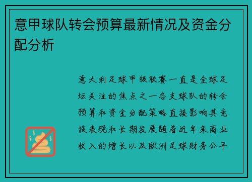 意甲球队转会预算最新情况及资金分配分析