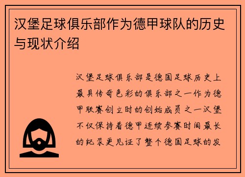 汉堡足球俱乐部作为德甲球队的历史与现状介绍