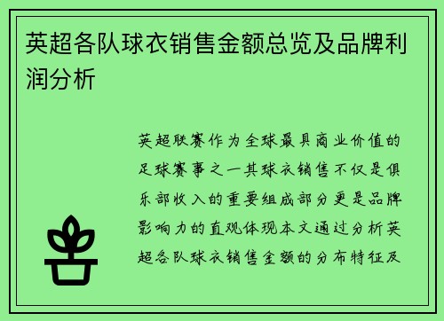 英超各队球衣销售金额总览及品牌利润分析